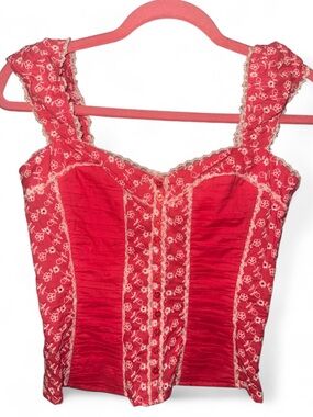 Bebe Vintage Red Corset Top with white floral print and lace trim, size XS